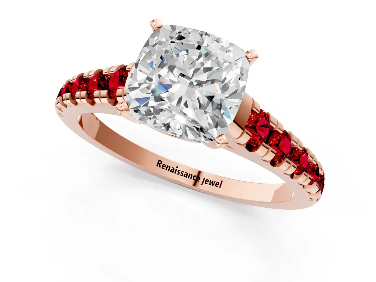Cushion Cut Diamond Cathedral Solitaire Ring with Round Ruby Pavé Band Rose gold