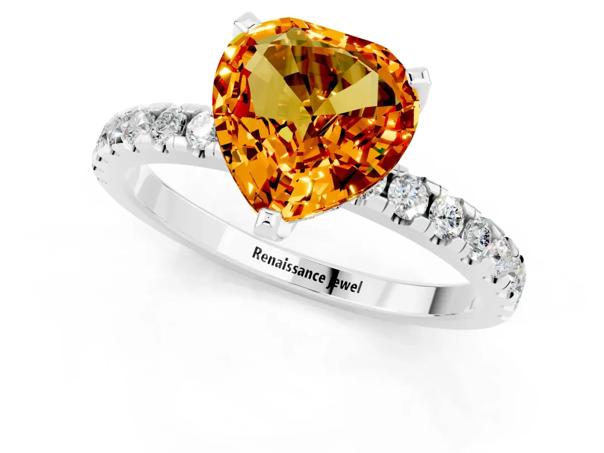 Heart Cut Citrine Solitaire Ring with Round Pavé Band and Four-Prong Setting Silver