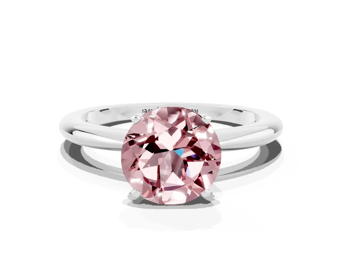 Round Cut Morganite Solitaire Ring with Six-Prong Setting and Classic Band Silver