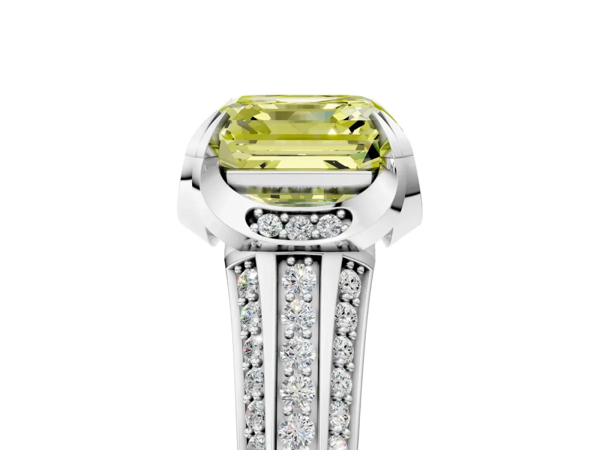 Fancy Yellow Asscher Cut Solitaire Pave Split Shank Ring with Four-Prong Setting Platinum