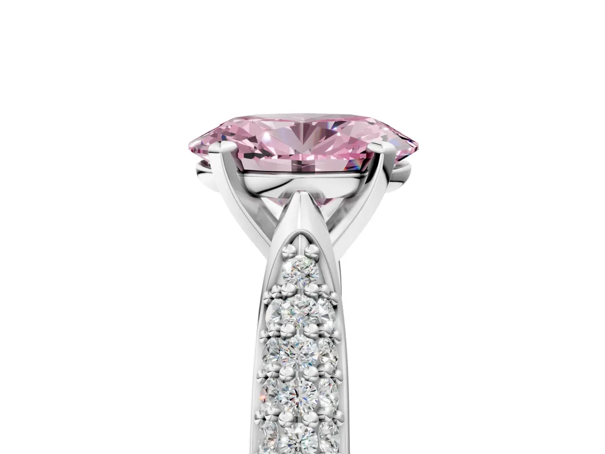 Fancy Pink Oval Cut Diamond Solitaire Engagement Ring with Multi-Row Round Pavé Band and Prong Setting Silver