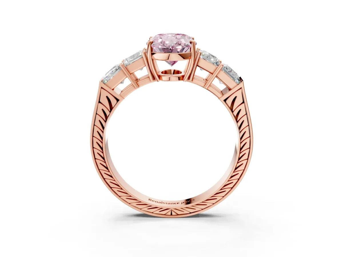 Fancy Pink Oval Cut Solitaire Princess Side Stone Engraved Band Prong Setting Ring Rose gold
