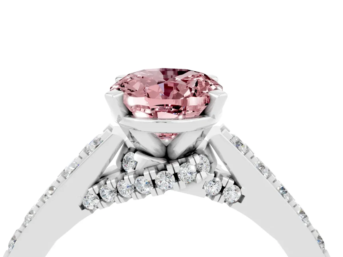 Oval Cut Morganite Solitaire Ring with Crossover Gallery and Round Pavé Band Silver