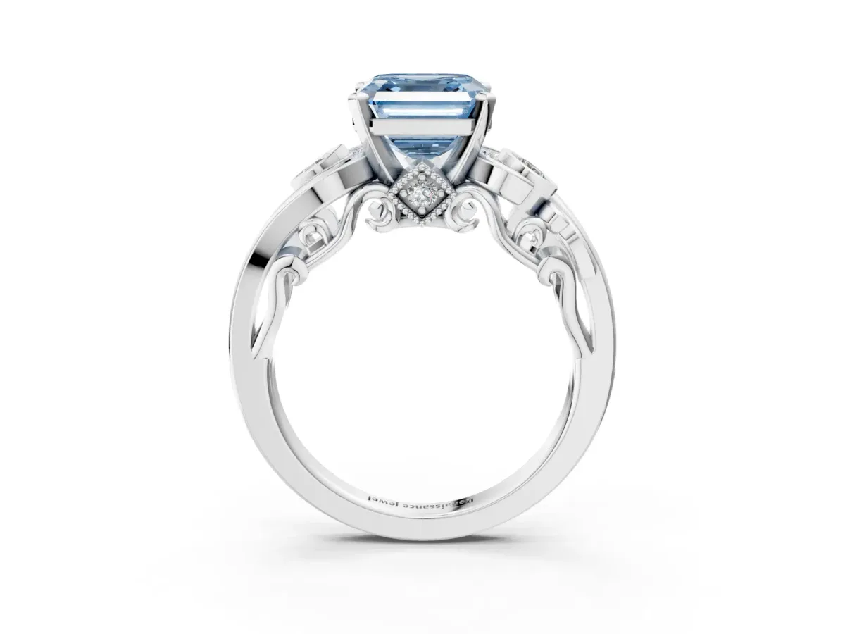 Fancy Blue Asscher Cut Diamond Solitaire Ring with Milgrain Pavé Band and Four-Prong Setting Silver