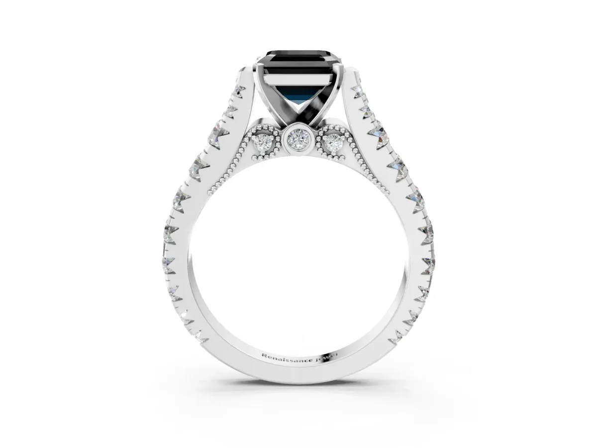 Fancy Black Asscher Cut Diamond Classic Solitaire Ring with Pavé Band and Four-Prong Setting Platinum
