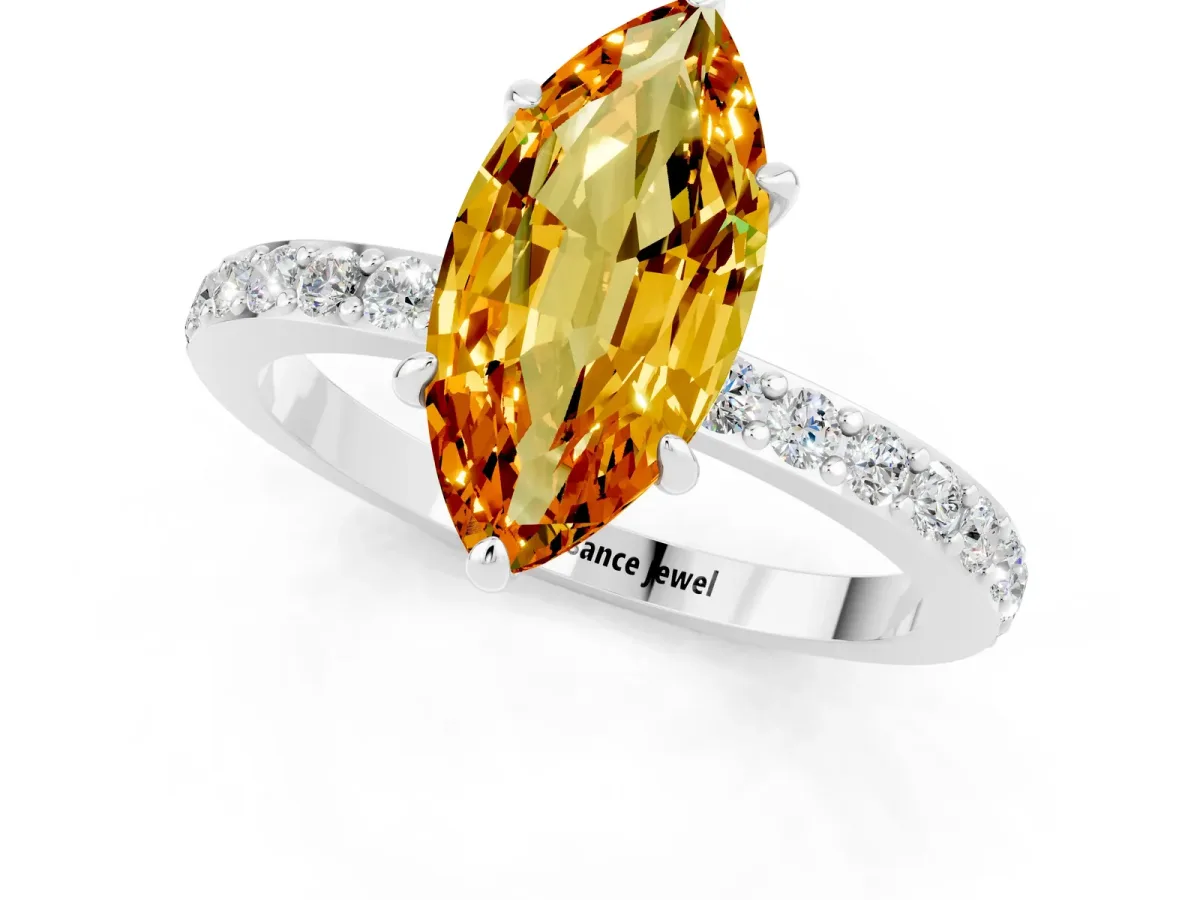 Marquise Cut Citrine Solitaire Engagement Ring with Pavé Band and Four-Prong Setting Silver