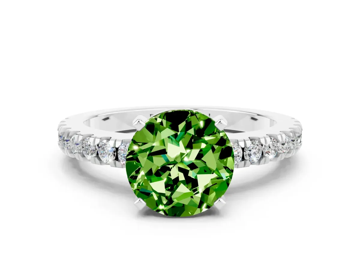 Round Cut Solitaire Peridot with Pavé Band and Four-Prong Setting Platinum