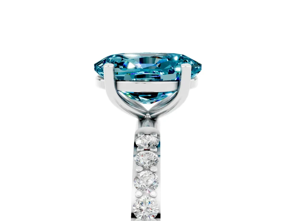 Oval Cut Blue Topaz Solitaire Ring with Round Pavé Band and Prong Setting Platinum