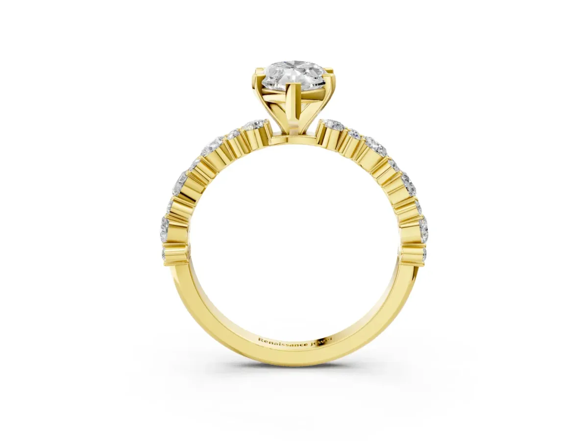 Marquise Cut Diamond Side Stone Solitaire Ring with Round and Four-Prong Setting Yellow gold