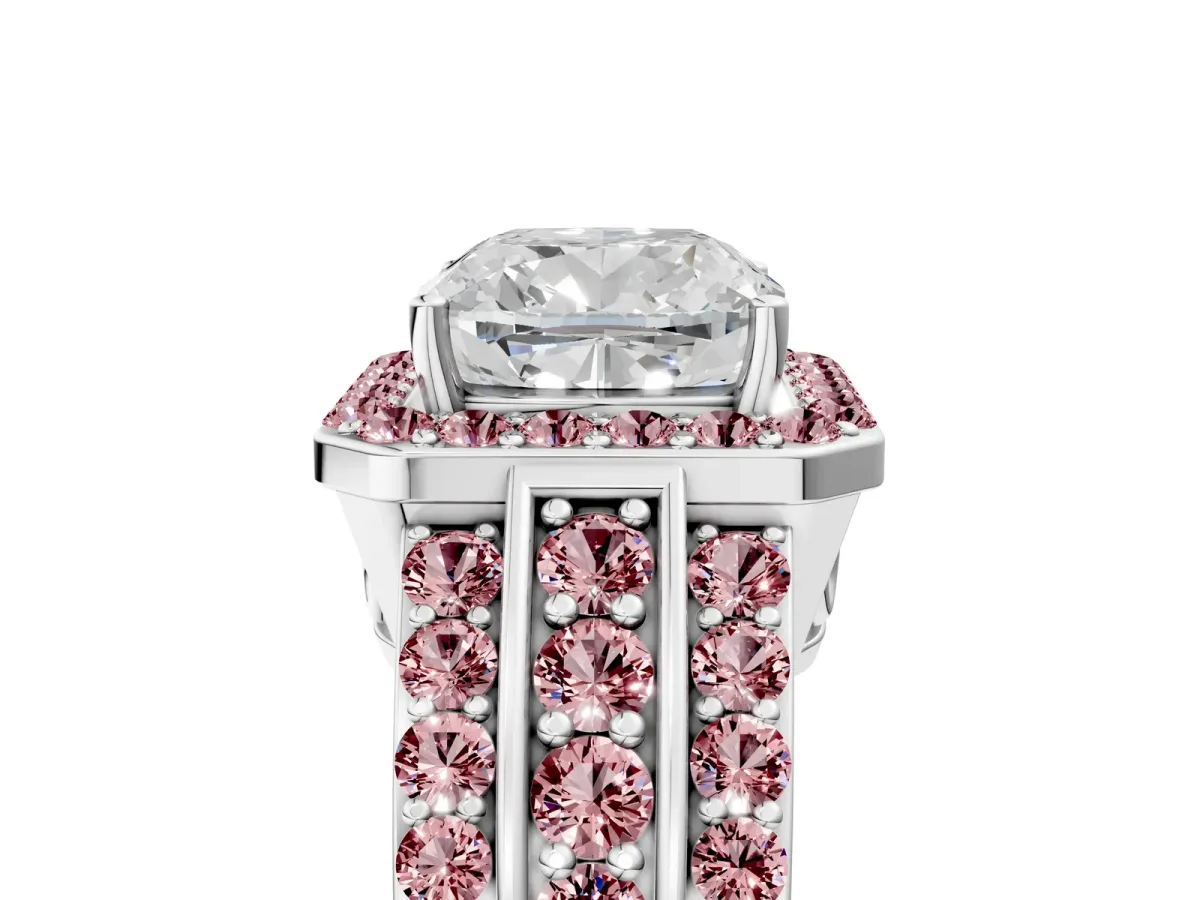 Cushion Cut Halo Diamond Ring with Round Morganite Split Shank and Prong Setting Silver