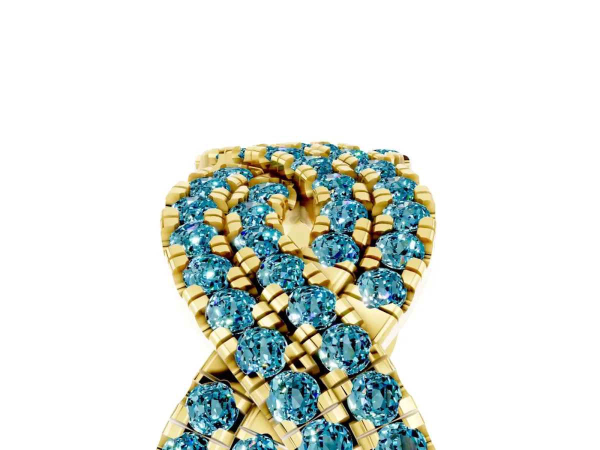 Pavé Round Blue Topaz Infinity Twist Band with Shared Prong Setting Yellow gold
