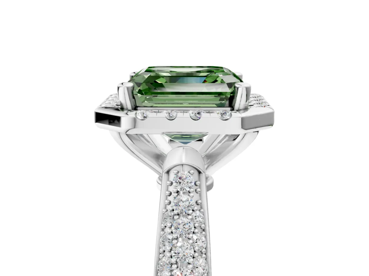 Fancy Green Asscher Cut Cut Halo Pave Band Four-Prong Setting Ring Platinum