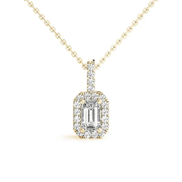Emerald Cut Diamond Halo Pendant with Prong Setting Yellow gold