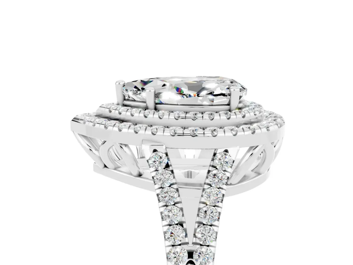 Pear Cut Moissanite Double Halo Ring with Pavé Band and Prong Setting Silver