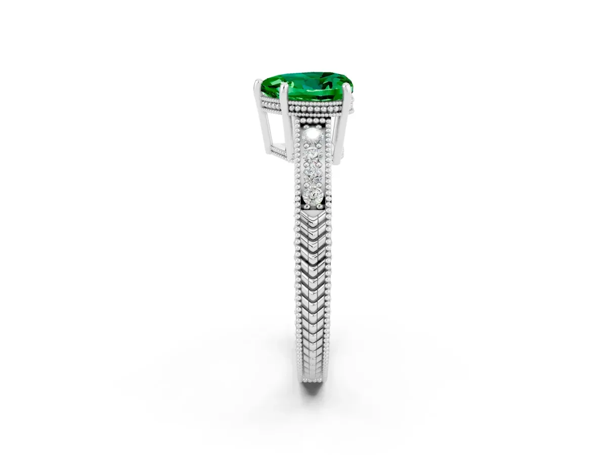 Heart Cut Emerald Ring with Milgrain Pavé Band and Four-Prong Setting Platinum