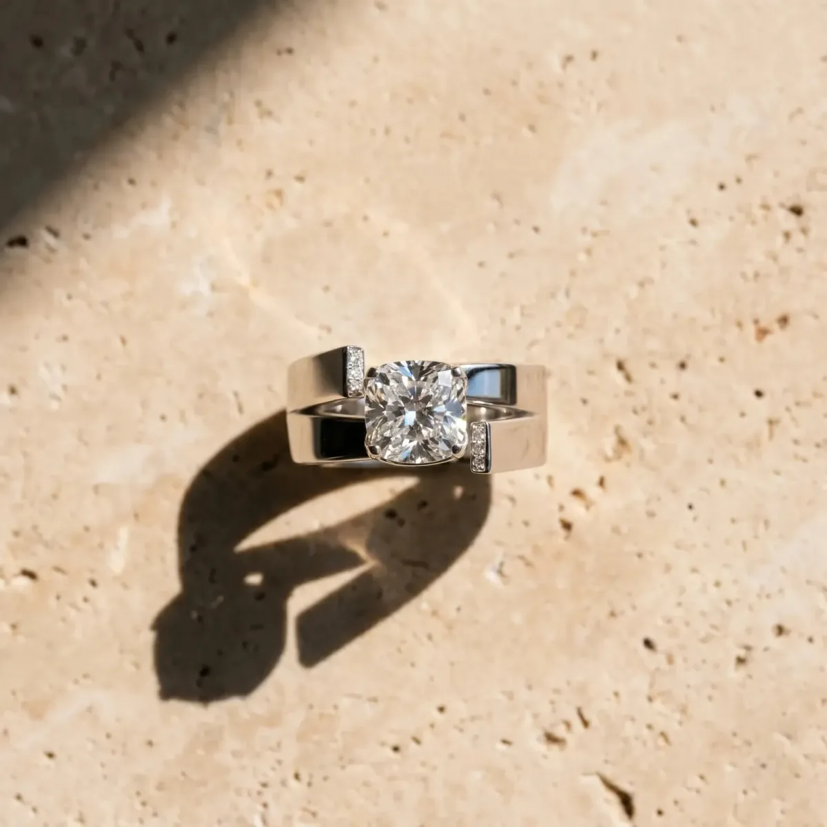 Modern Tension Set Cushion Cut Diamond Solitaire Wide Band Ring Silver