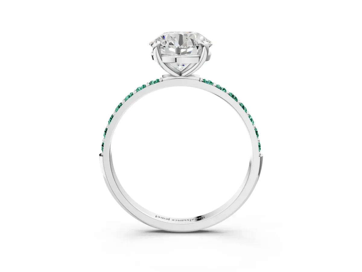 Round Cut Diamond Solitaire Ring with Round Green Sapphire Pavé Band and Prong Setting Silver