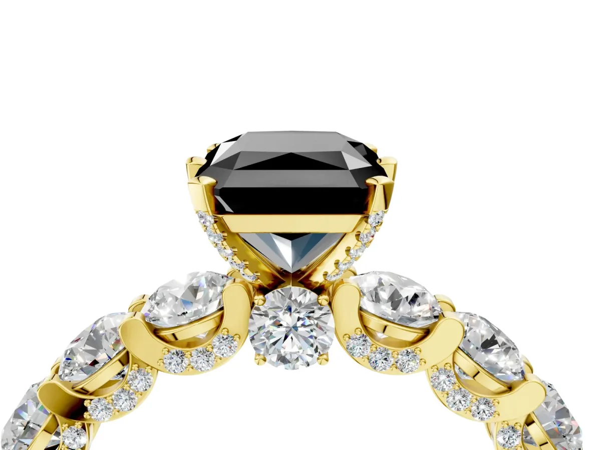 Fancy Black Radiant Cut Diamond Side Stone Engagement Ring with Four-Prong Setting Yellow gold