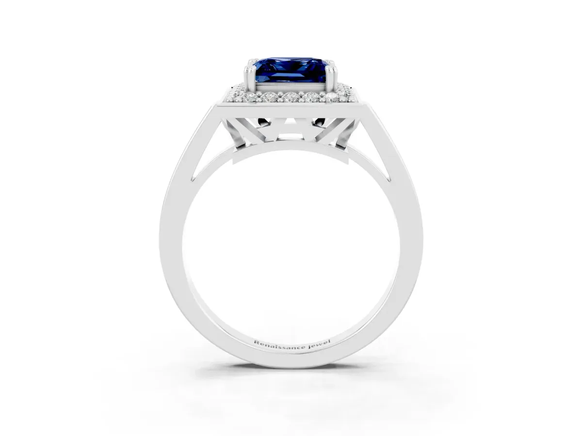 Princess Cut Blue Sapphire Halo Ring with Split Shank and Four-Prong Setting Platinum