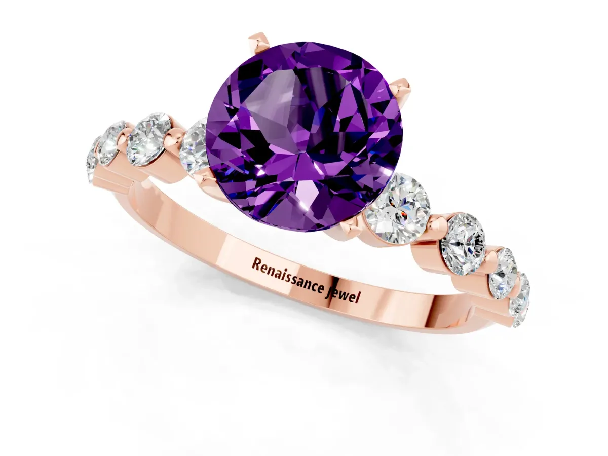 Round Cut Solitaire Amethyst Ring with Pave Band and Four-Prong Setting Rose gold