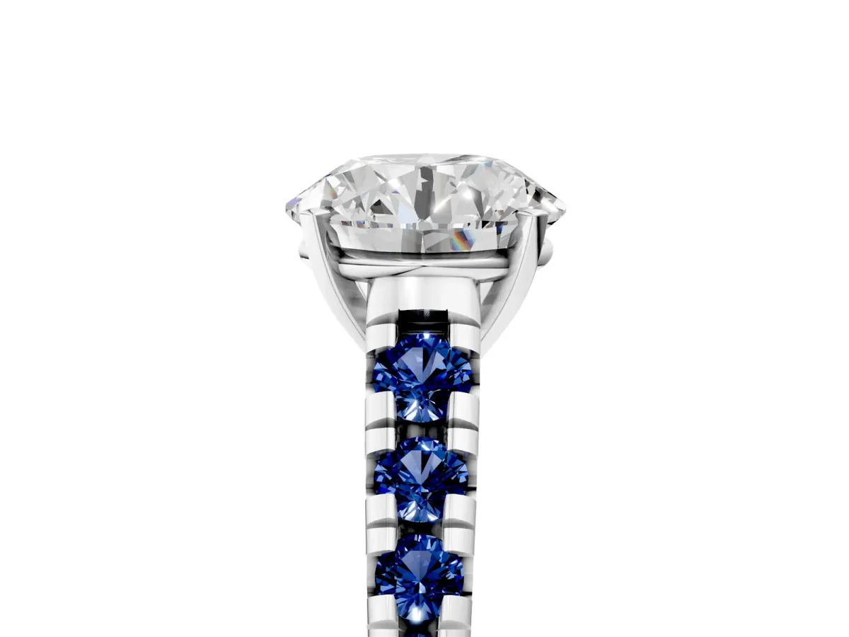 Round Cut Diamond Cathedral Solitaire Ring with Round Blue Sapphire Pavé Band Silver