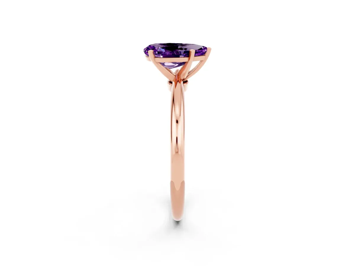 Pear Cut Amethyst Solitaire Ring with Six-Prong Setting and Classic Band Rose gold