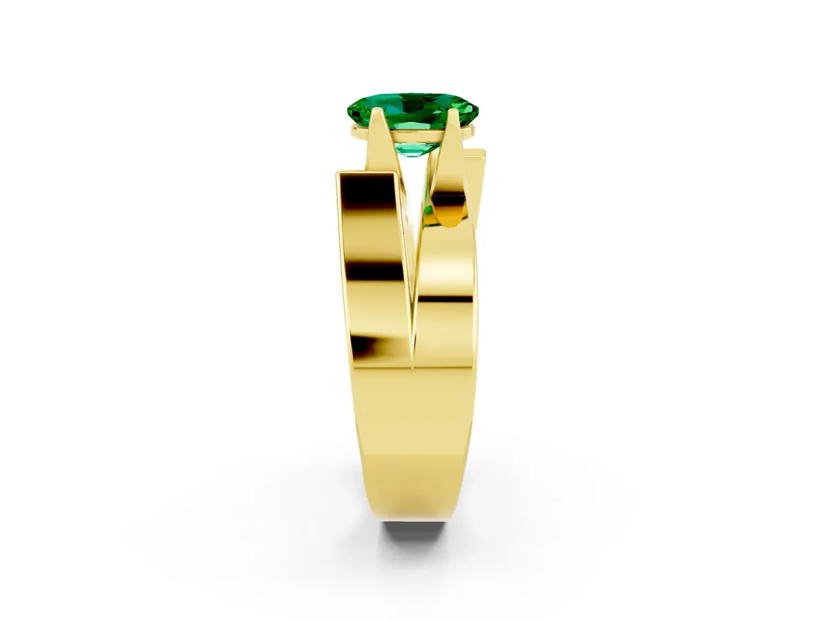 Modern Tension Set Oval Cut Emerald Solitaire Wide Band Ring Yellow gold