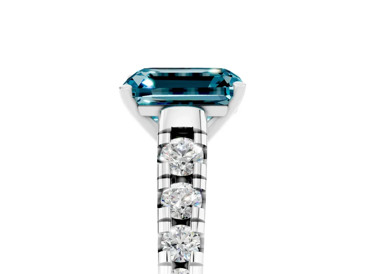 Emerald Cut Blue Topaz Cathedral Solitaire Ring with Round Pavé Band Platinum