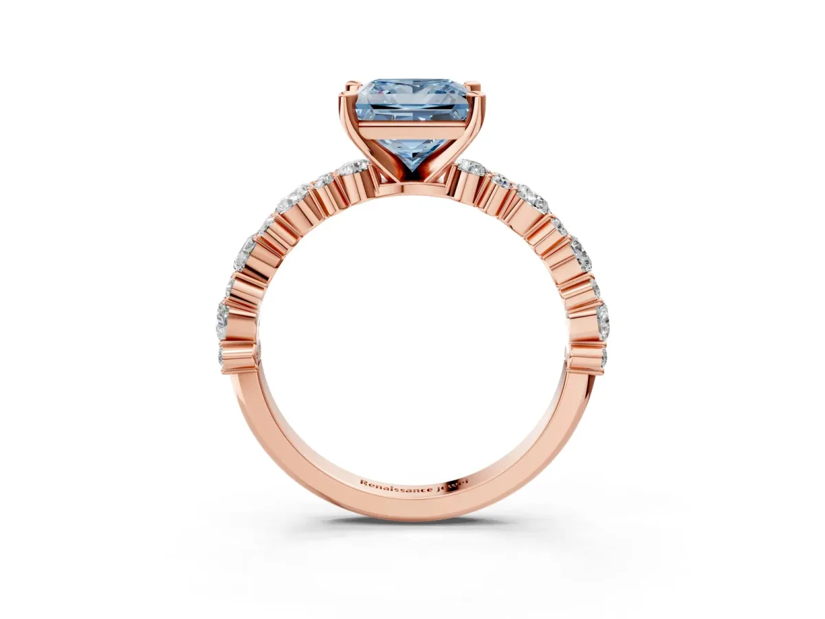 Fancy Blue Princess Cut Diamond Side Stone Solitaire Ring with Round and Four-Prong Setting Rose gold