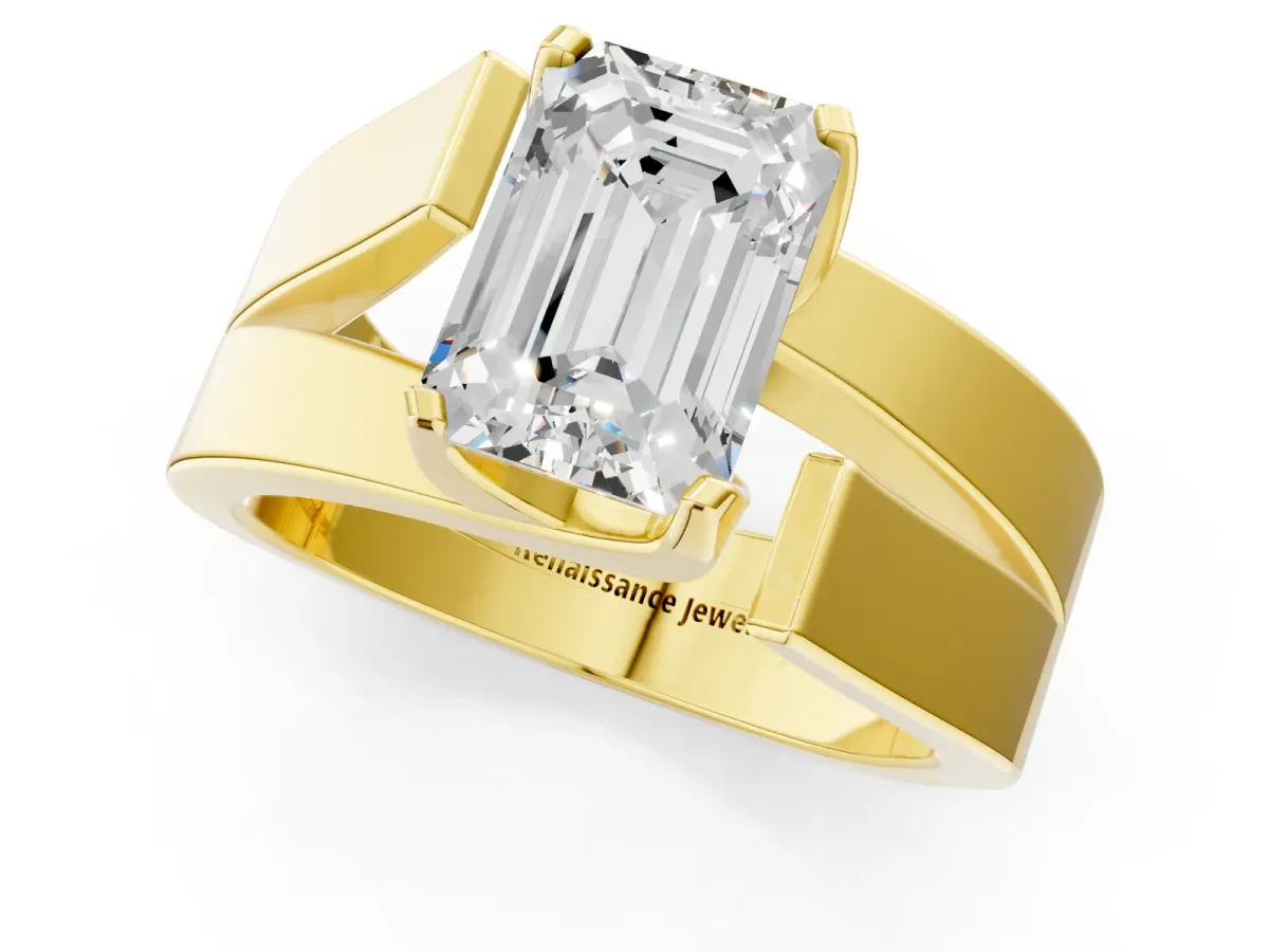 Modern Tension Set Emerald Cut Diamond Solitaire Wide Band Ring Yellow gold