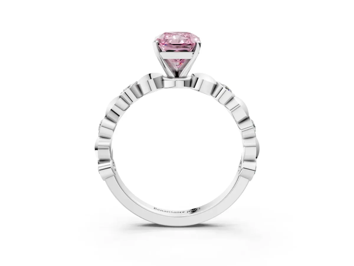 Fancy Pink Radiant Cut Solitaire Bezel-Set Diamond Ring with Beaded Band and Four-Prong Setting Platinum