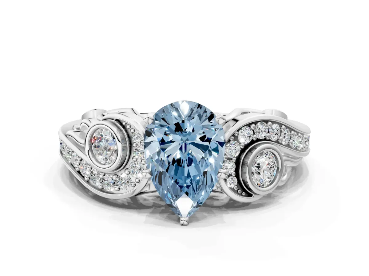 Fancy Blue Pear Cut Diamond Solitaire Ring with Milgrain Pavé Band and Four-Prong Setting Silver