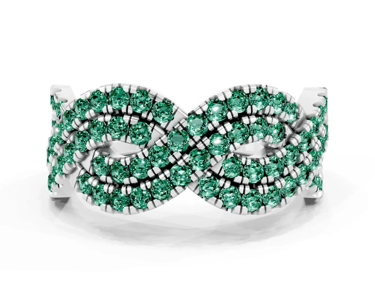 Pavé Round Green Sapphire Infinity Twist Band with Shared Prong Setting Platinum