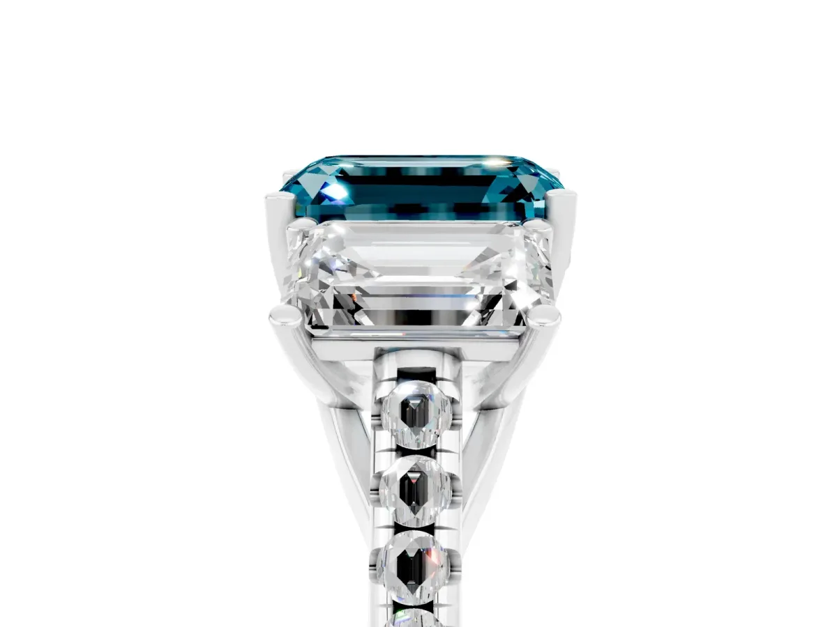 Three-Stone Emerald Cut Blue Topaz Ring with Round Pavé Band and Prong Setting Silver