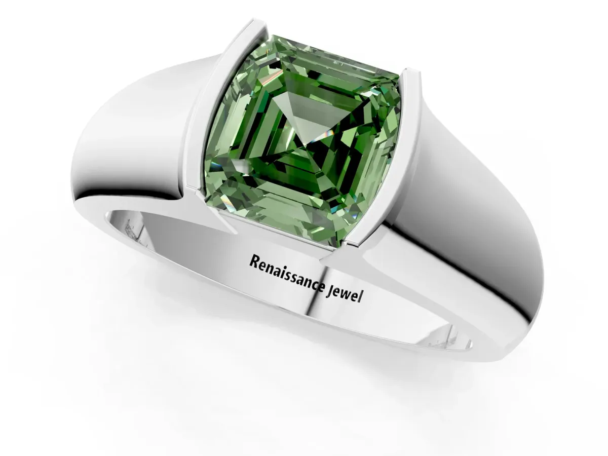 Fancy Green Asscher Cut Solitaire Bezel Set Diamond Ring with Wide Band Platinum