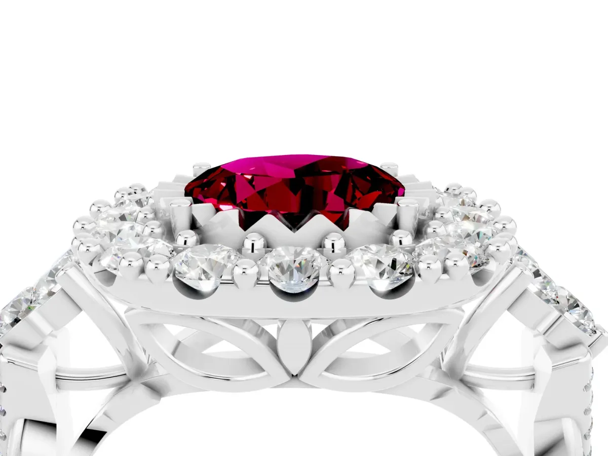 Round Cut Garnet Halo Ring with Pavé Band and Four-Prong Setting Silver