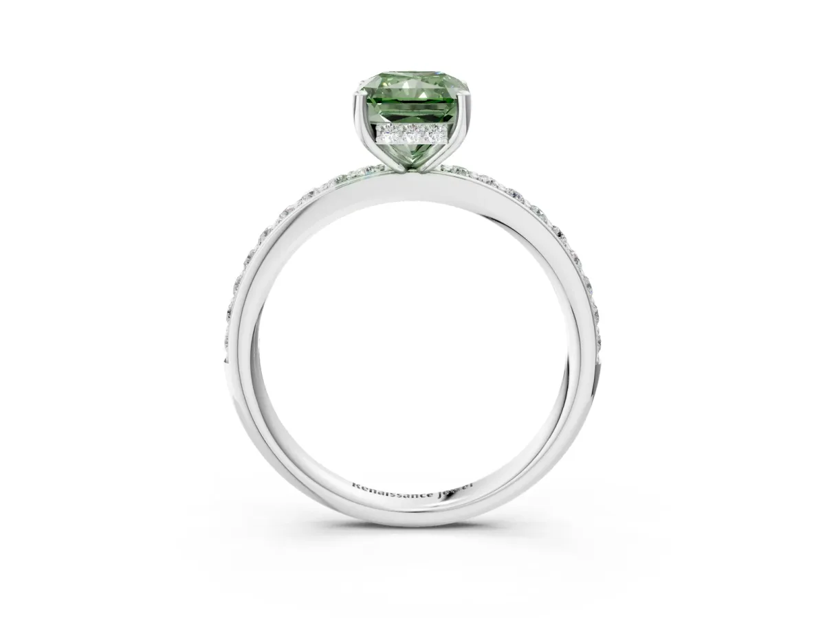 Fancy Green Radiant Cut Cut Diamond Pavé Band Ring with Four-Prong Setting Platinum