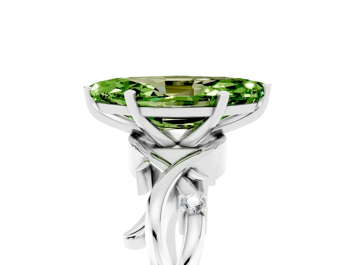 Marquise Cut Peridot Solitaire Ring with Milgrain Pavé Band and Four-Prong Setting Silver