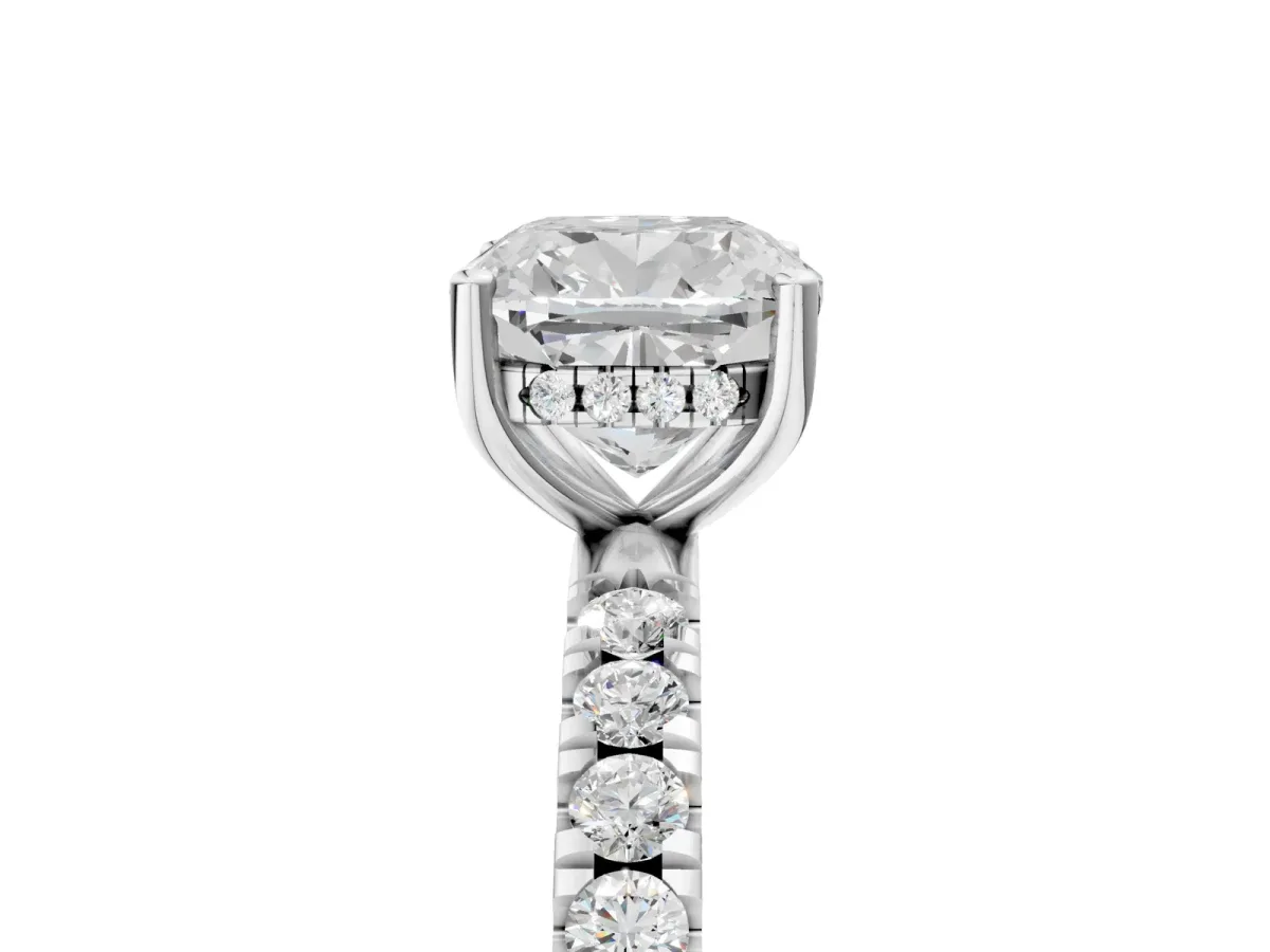 Cushion Cut Diamond Pave Band Solitaire Ring with Round Moissanite and Prong Setting Silver