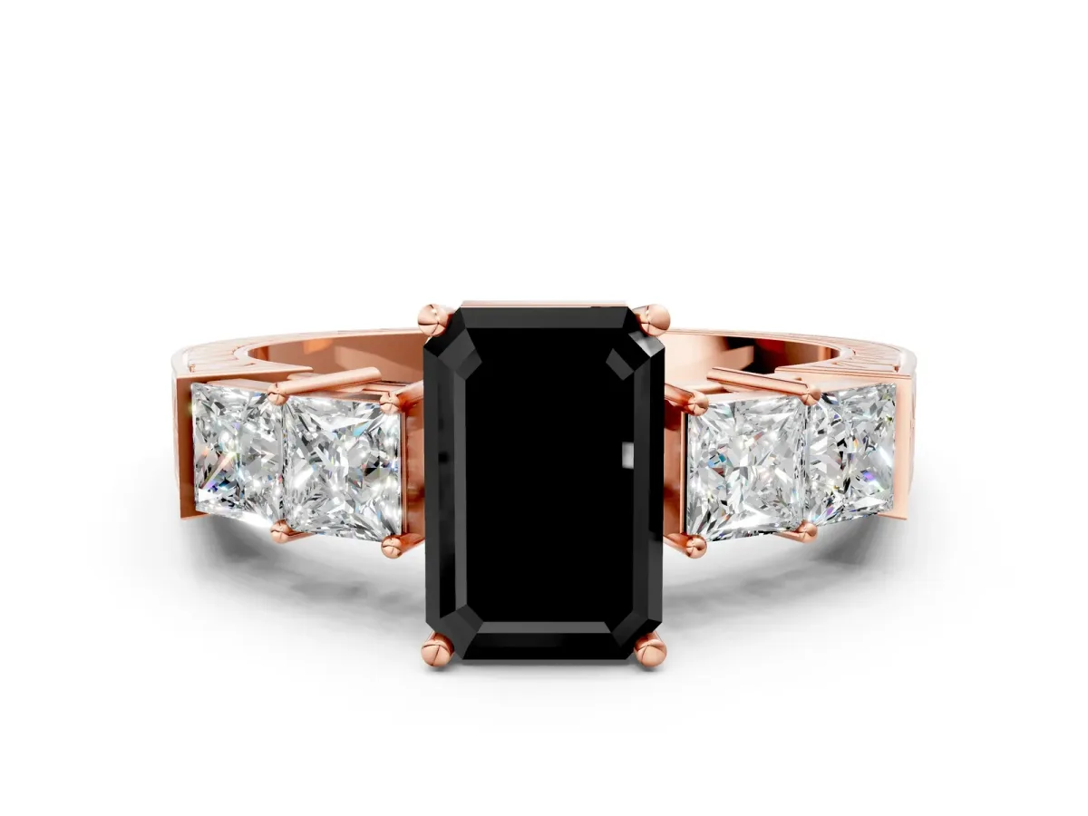 Fancy Black Emerald Cut Solitaire Princess Side Stone Engraved Band Prong Setting Ring Rose gold