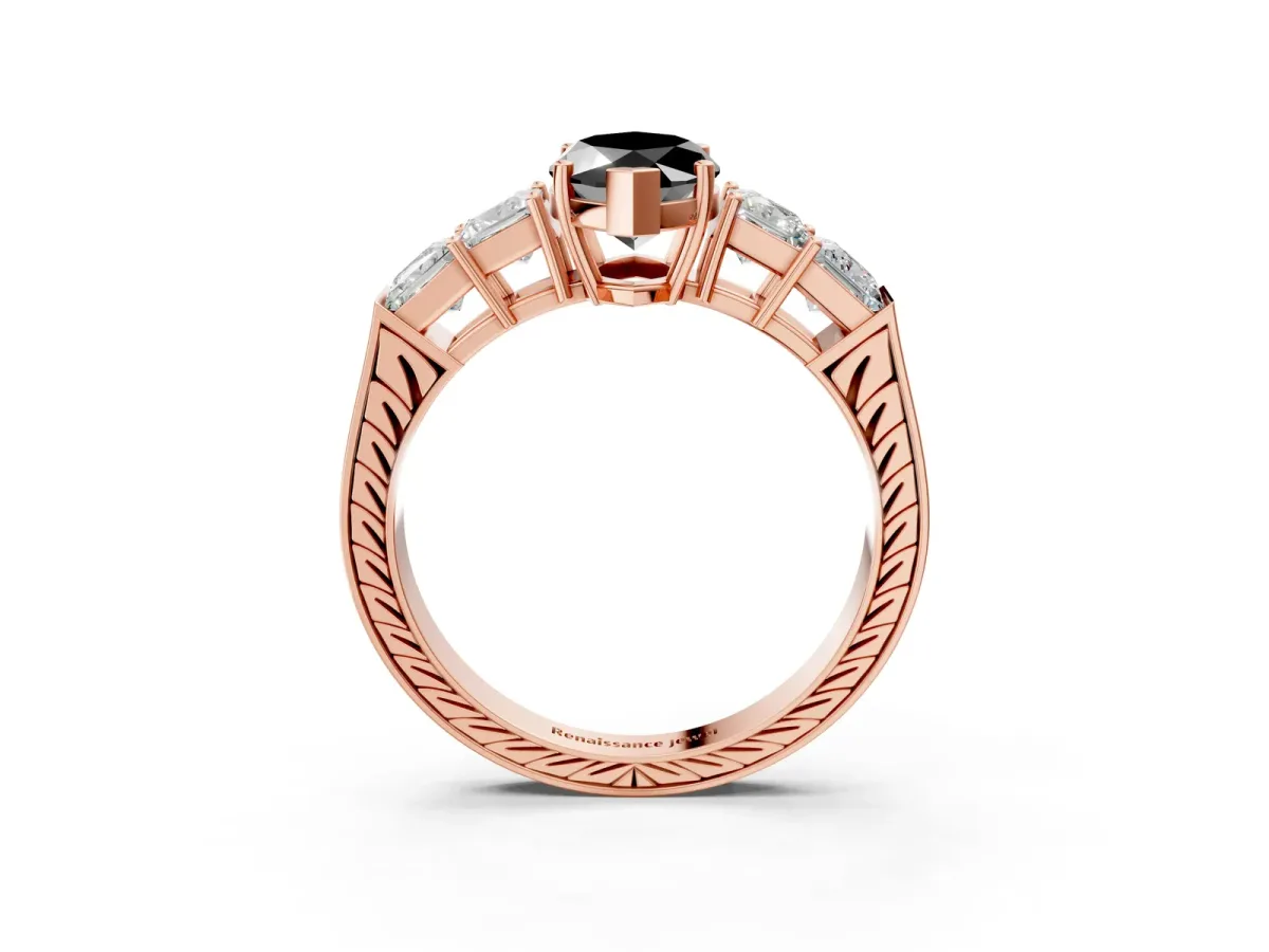 Fancy Black Marquise Cut Solitaire Princess Side Stone Engraved Band Prong Setting Ring Rose gold
