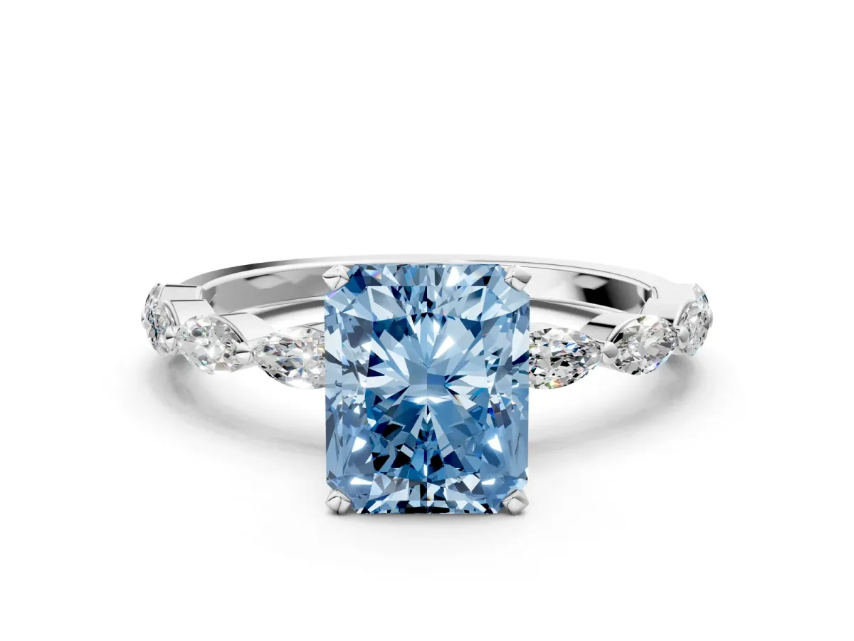 Fancy Blue Radiant Cut Diamond Ring with Marquise Side Stones and Prong Setting Platinum