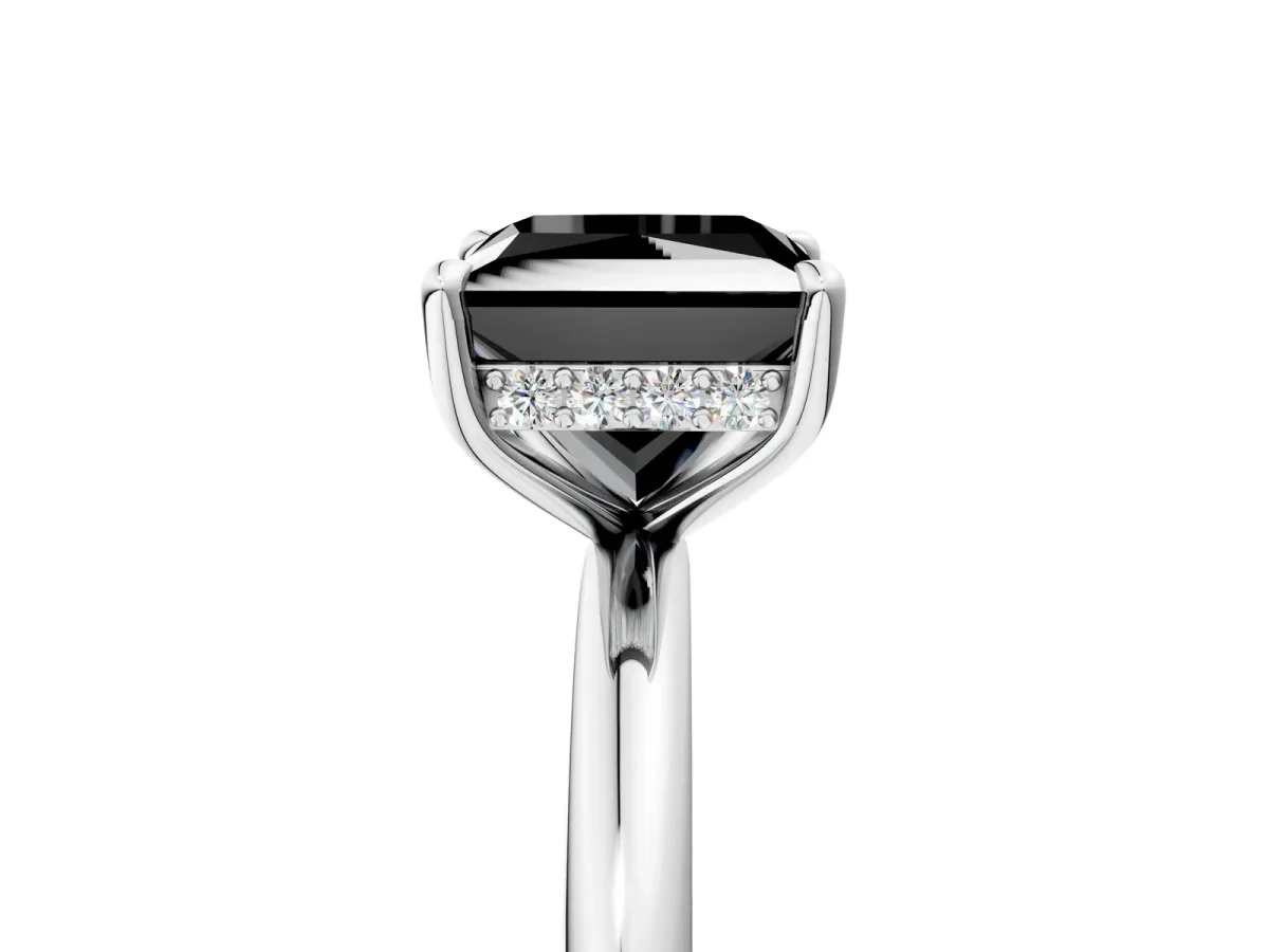 Fancy Black Princess Cut Diamond Solitaire Ring with Thin Band and Four-Prong Setting White gold