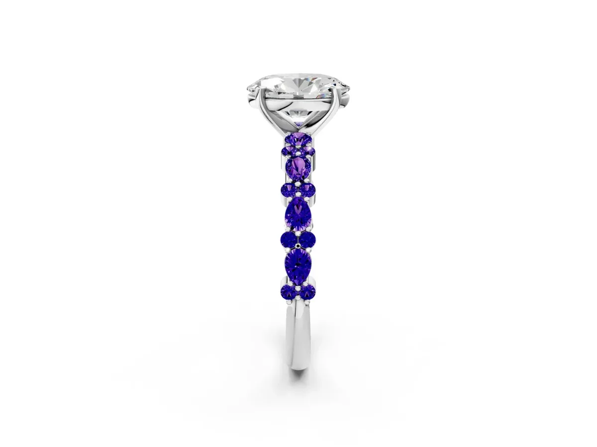 Oval Cut Diamond Side Stone Solitaire Ring with Round Tanzanite and Four-Prong Setting White gold