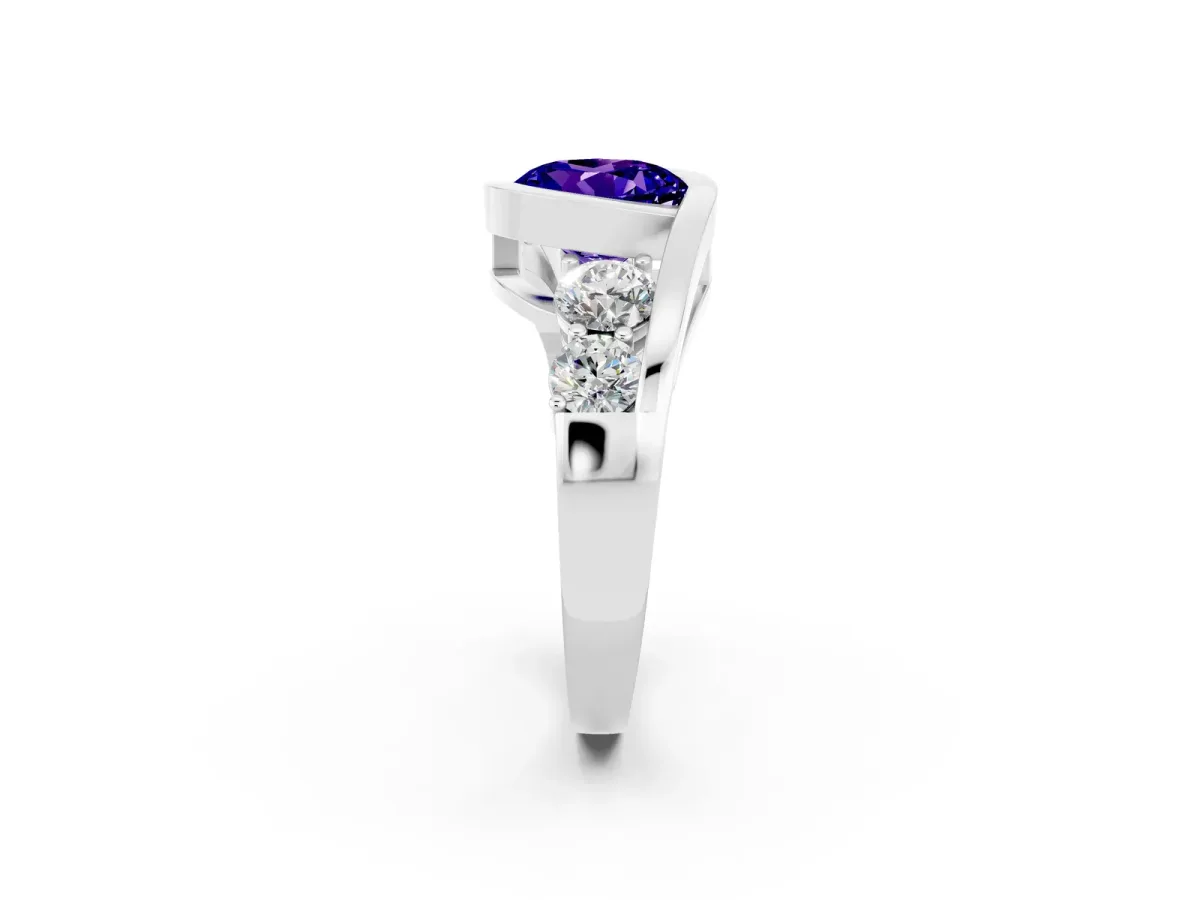 Bezel Set Round Cut Tanzanite Bypass Ring with Round Accents Platinum