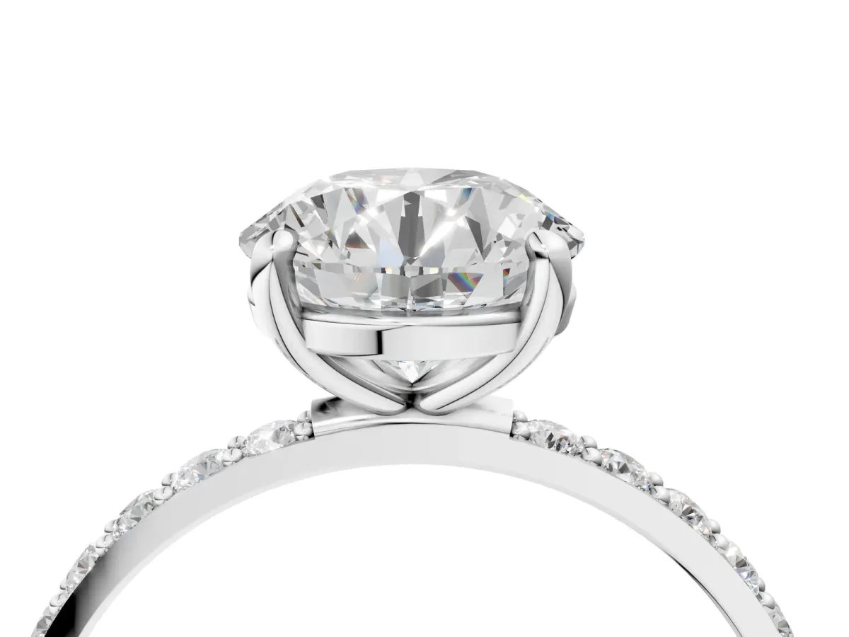 Round Cut Diamond Solitaire Ring with Round Moissanite Pavé Band and Prong Setting Silver