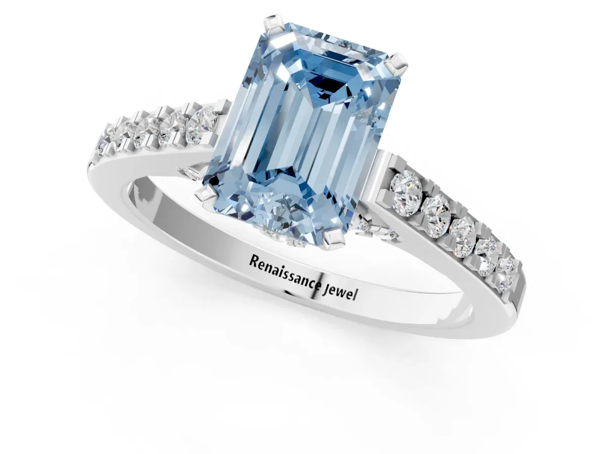 Fancy Blue Emerald Cut Diamond Solitaire Ring with Crossover Gallery and Round Pavé Band Silver