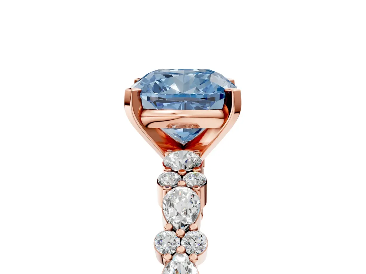 Fancy Blue Cushion Cut Diamond Side Stone Solitaire Ring with Round and Four-Prong Setting Rose gold