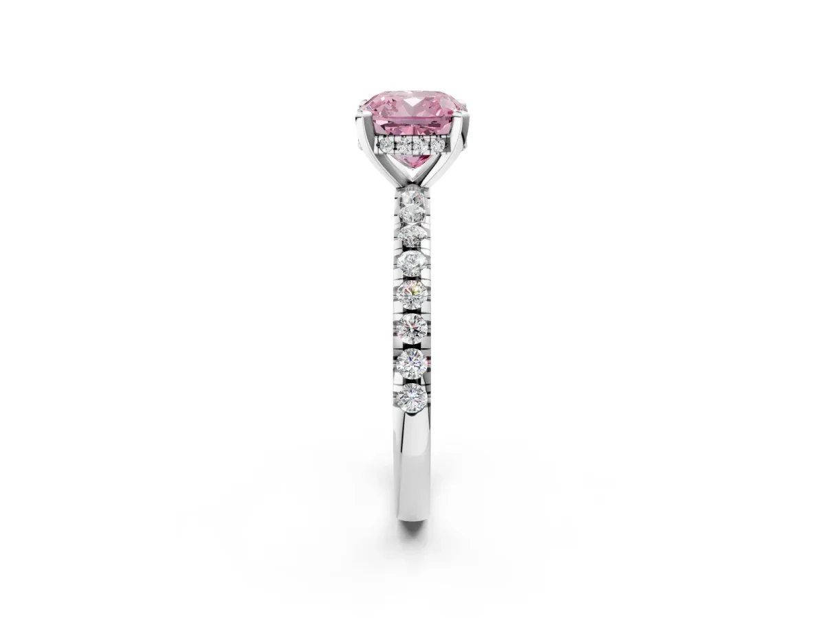 Fancy Pink Cushion Cut Diamond Solitaire Ring with Round Pavé Band and Four-Prong Setting Silver