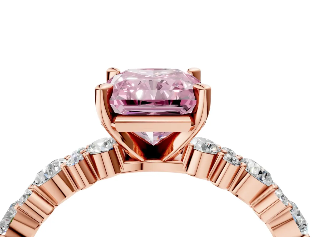 Fancy Pink Radiant Cut Diamond Side Stone Solitaire Ring with Round and Four-Prong Setting Rose gold